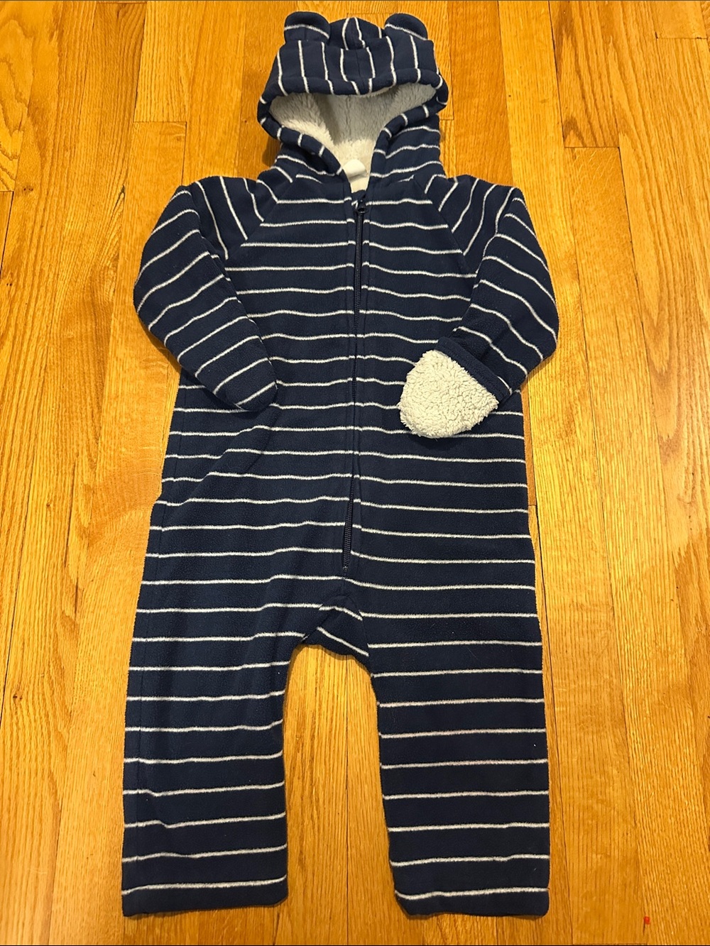Navy Striped Plush Hooded One-Piece, with covered or open hands, 18-24 months